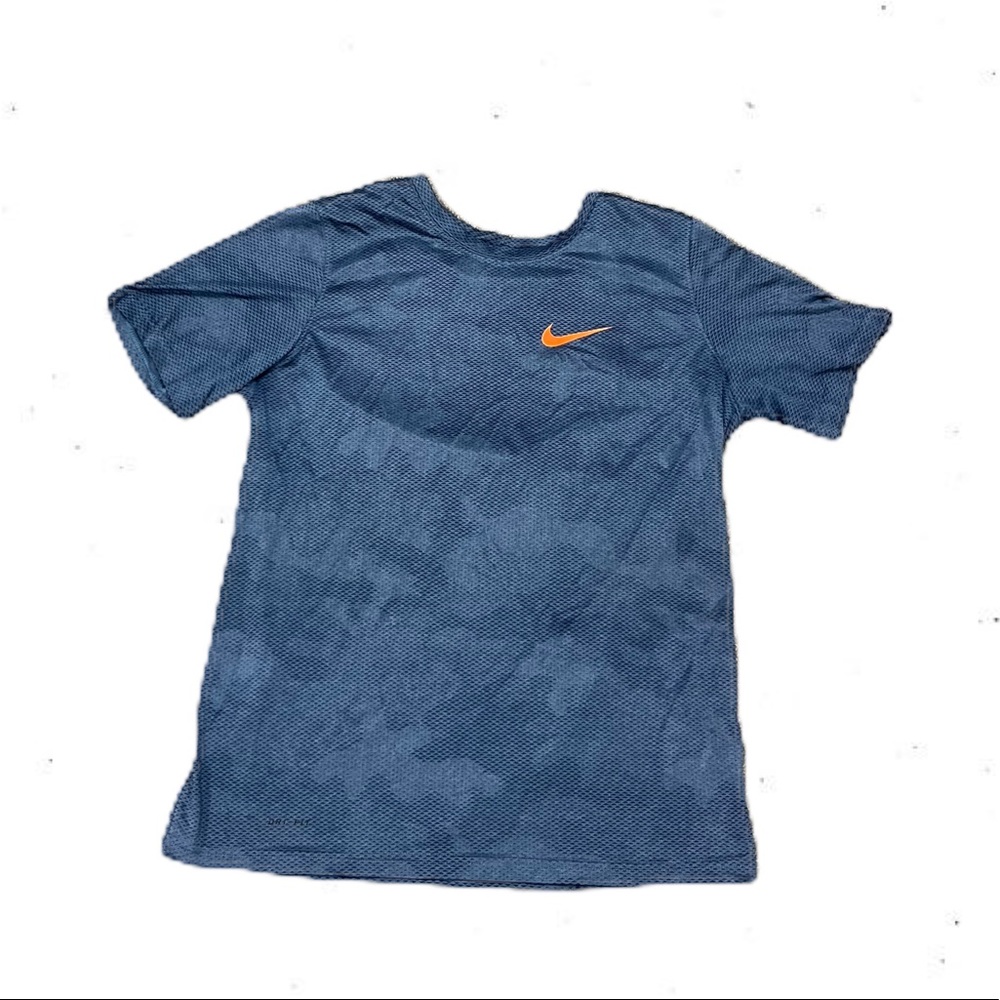 Blue patterned Nike tee with orange symbol
